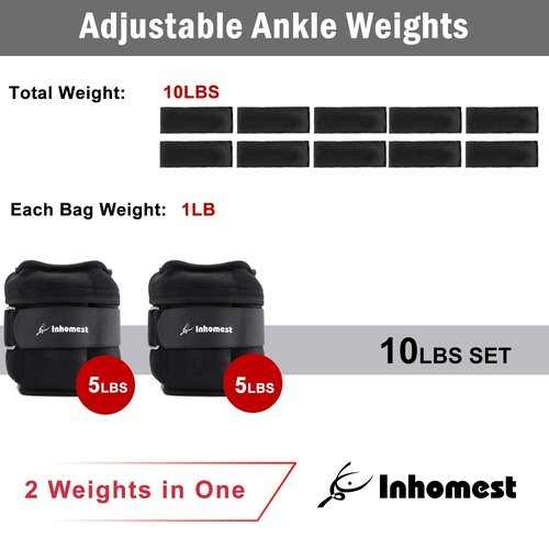 Inhomest Adjustable Ankle Weights 1-10 Lbs Leg Weights for Men Women,Wrist Ankle Weights for Physical Therapy,Yoga Pilates,Workout,Walking,Jogging,Each Pack 1-5 lbs, Total 10LBS Pair, Black