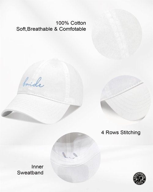 GroomBrideGifts Bride Hat - White Baseball Cap with Blue Embroidery, Bridal Shower Gifts for Bride to Be, Engagement Gift for Her Wedding Day