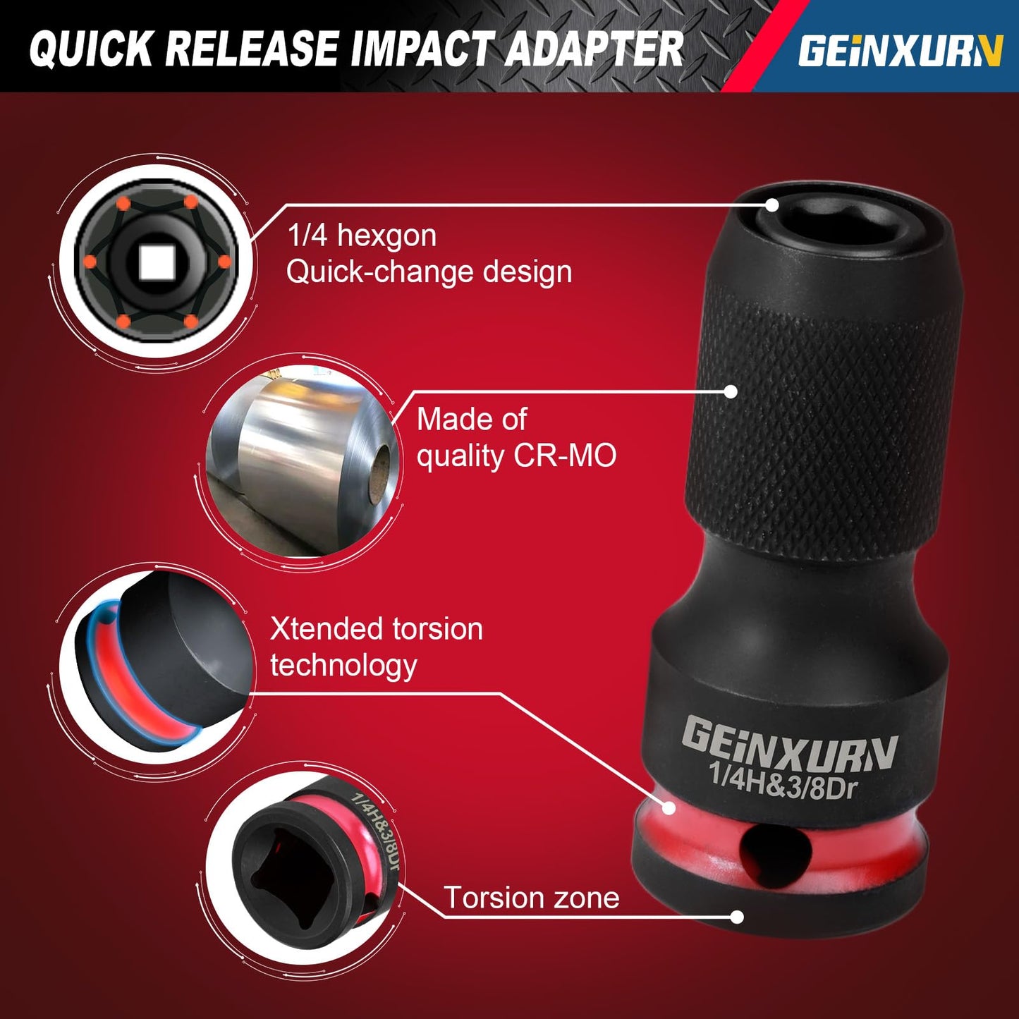 Geinxurn 2PCS Impact Screwdriver Bit Holders, 3/8-Inch Square Drive to 1/4-Inch Quick Release Hex Socket Adapter for Impact Wrench