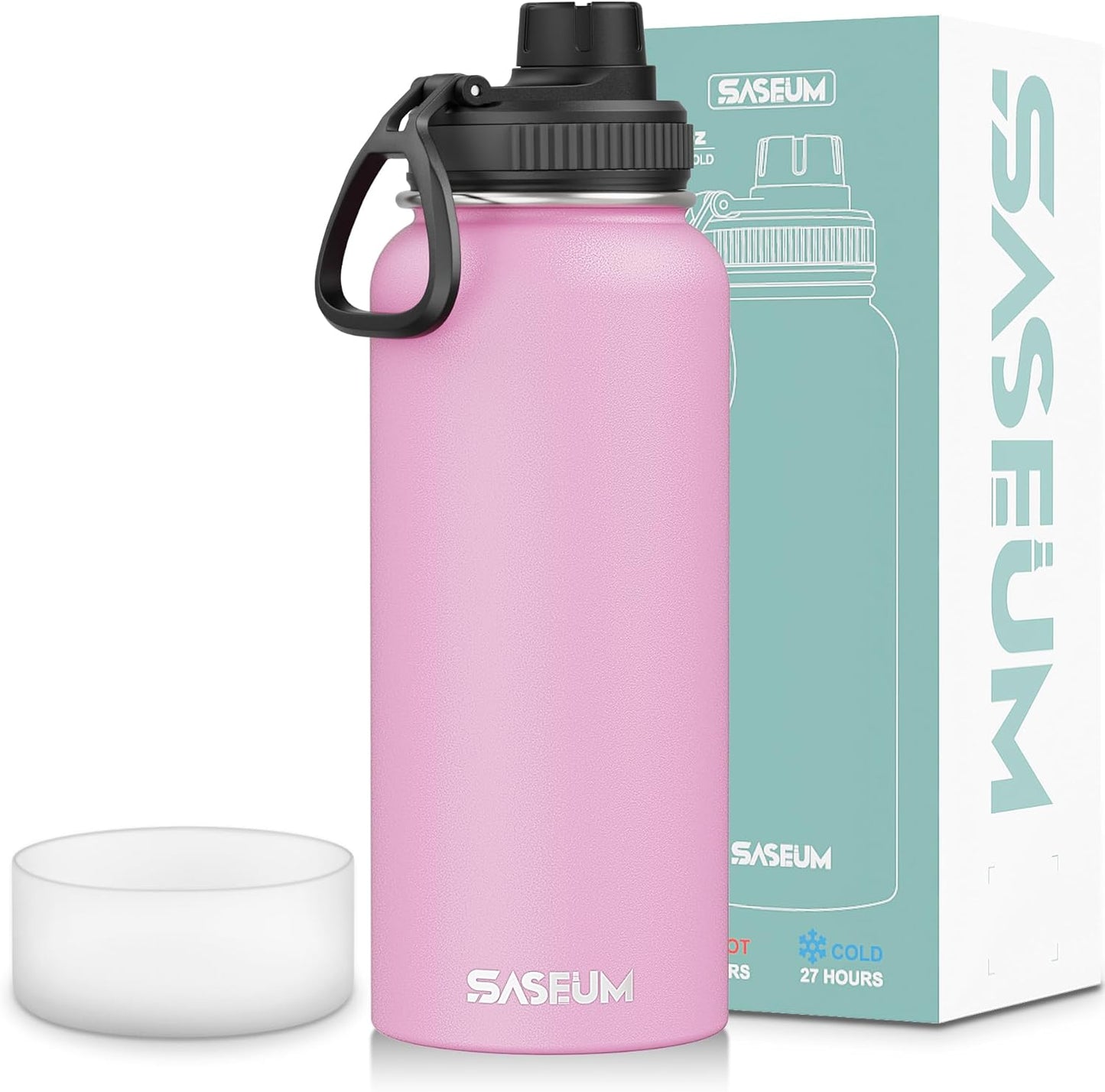 SASEUM 32oz Stainless Steel Sport Water Bottle - Double Wall Insulated Mug with Leak-Proof Lid | Pink
