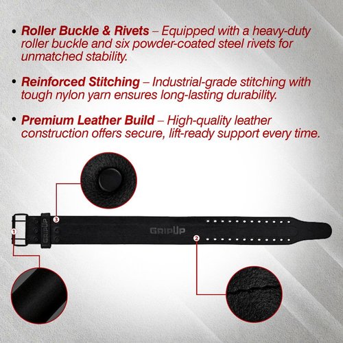GripUp Powerlifting Belt 10mm Thick Genuine Leather 4” Heavy Weight lifting Gym Belt Back Support Strength Training Squats Workouts Fitness Bodybuilding Deadlifts Weightlifting Men Women (Black, L)