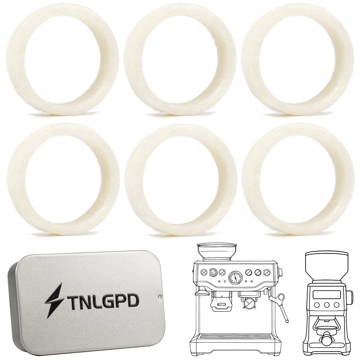 Wool Felt Washer Replacement for Breville Barista Espresso Machine Grinders – Compatible with BES870XL/BES878BTR/BES876BSS/BES840XL/ABES880/BES881/BES810/BES990/BES980 Accessories (6-Pack)