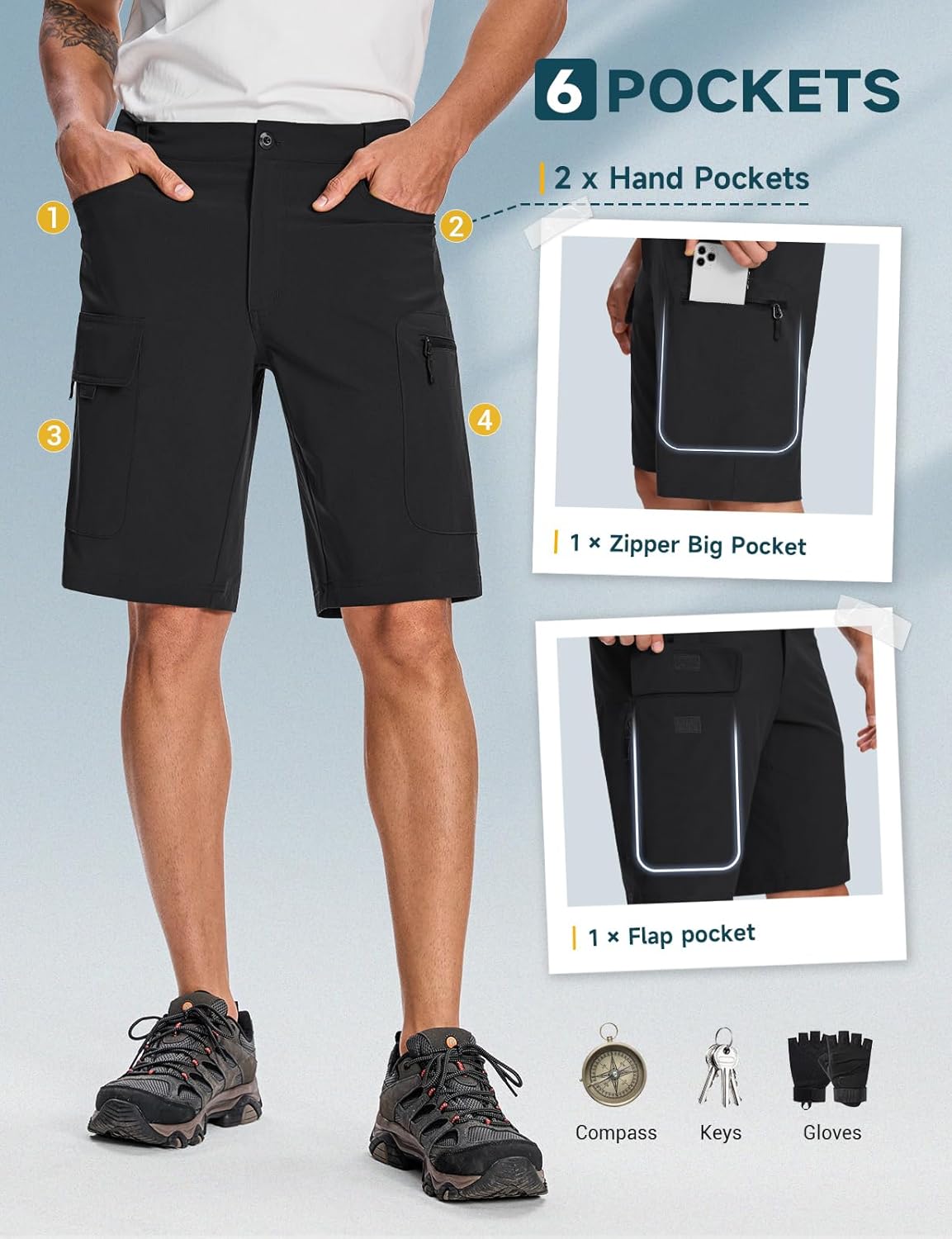 Moosehill Men's Hiking Shorts - Lightweight, Quick-Dry, Water-Resistant with 6 Pockets for Outdoor Adventures