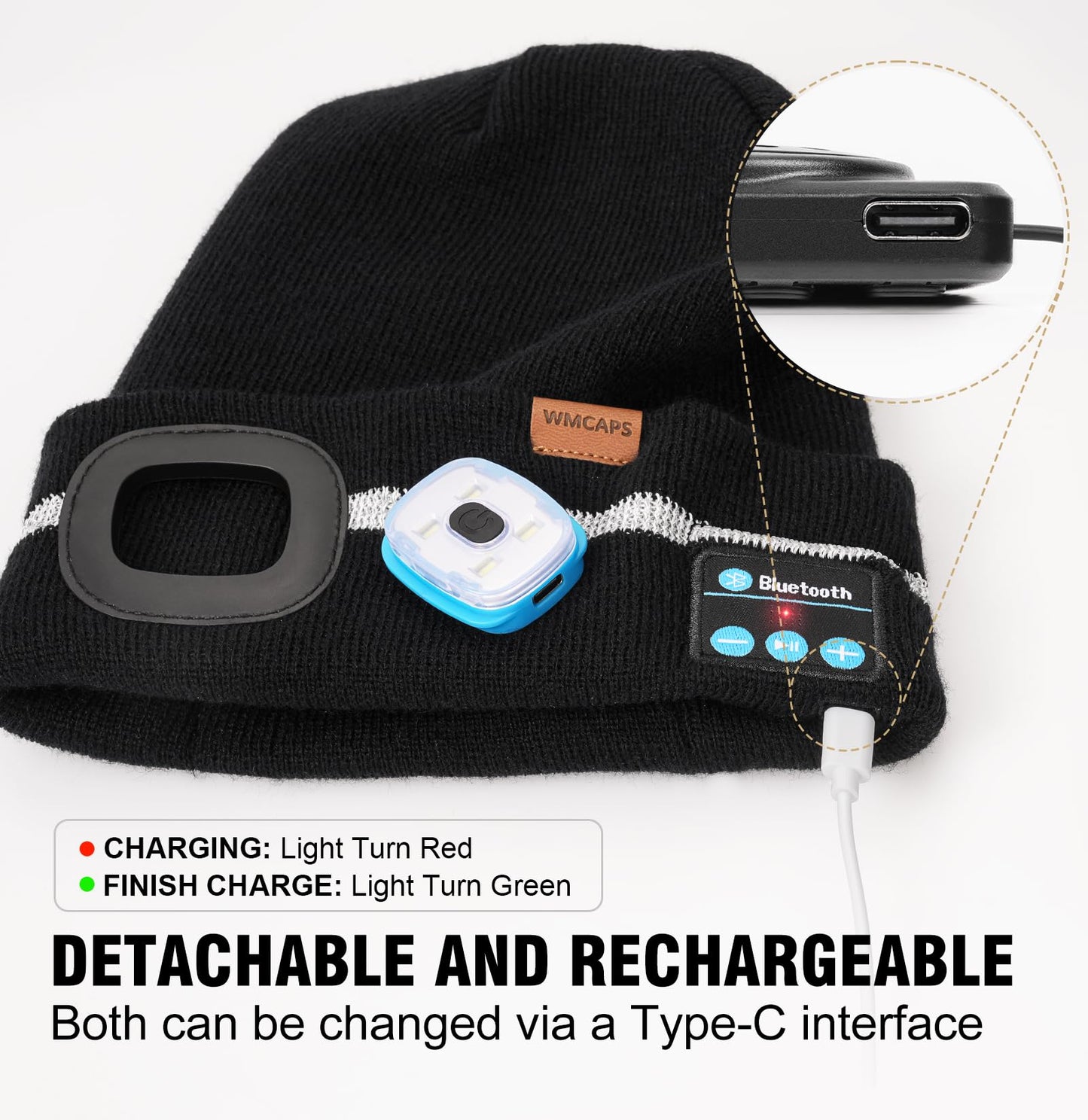 Wmcaps Reflective Stripe Bluetooth Beanie with a Light High Visibility Winter Hat with Light and Speakers Gifts for Men Dad Fluorescent Yellow