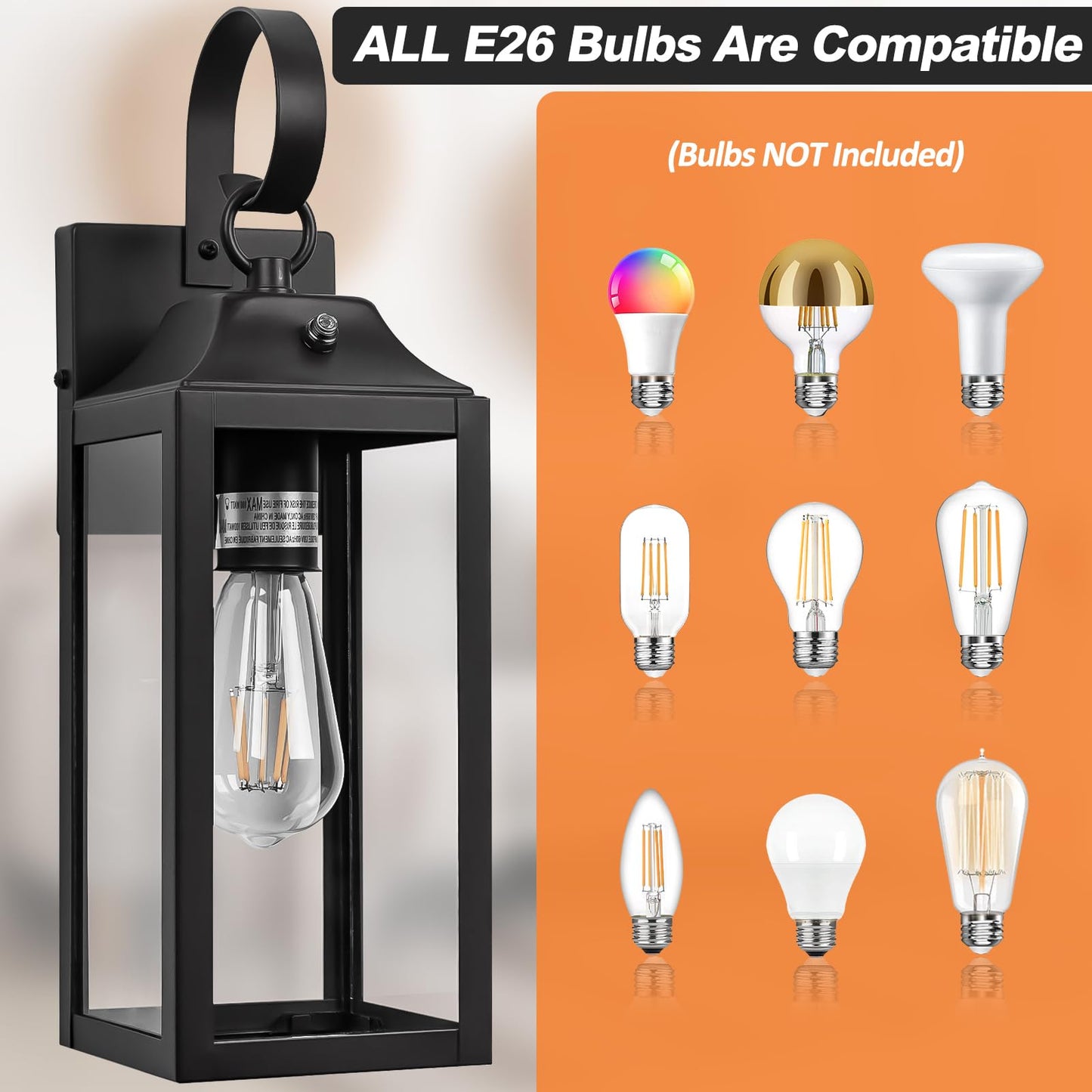 Yolsunes Dusk to Dawn Wall Lights 2 Pack, Black Outdoor Light Fixtures Wall Mount, 15 Inch Exterior Wall Sconces Waterproof, Large Outside Lights for House, Modern Wall Lanterns Clear Glass