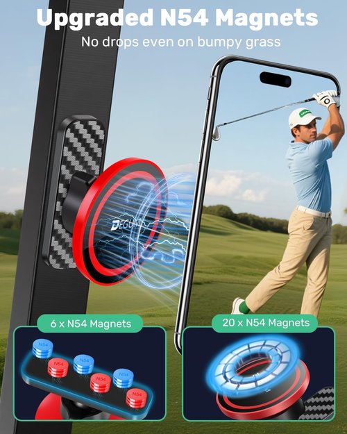 DEGUM Magnetic Golf Cart Phone Holder, Compatible with MagSafe iPhone 17 Pro Max Air 16 15 14 13 12 Series, for GPS & Golf Apps, Fits EZGO, Club Car, Yamaha, and Icon, Golf Cart Accessories (Red)