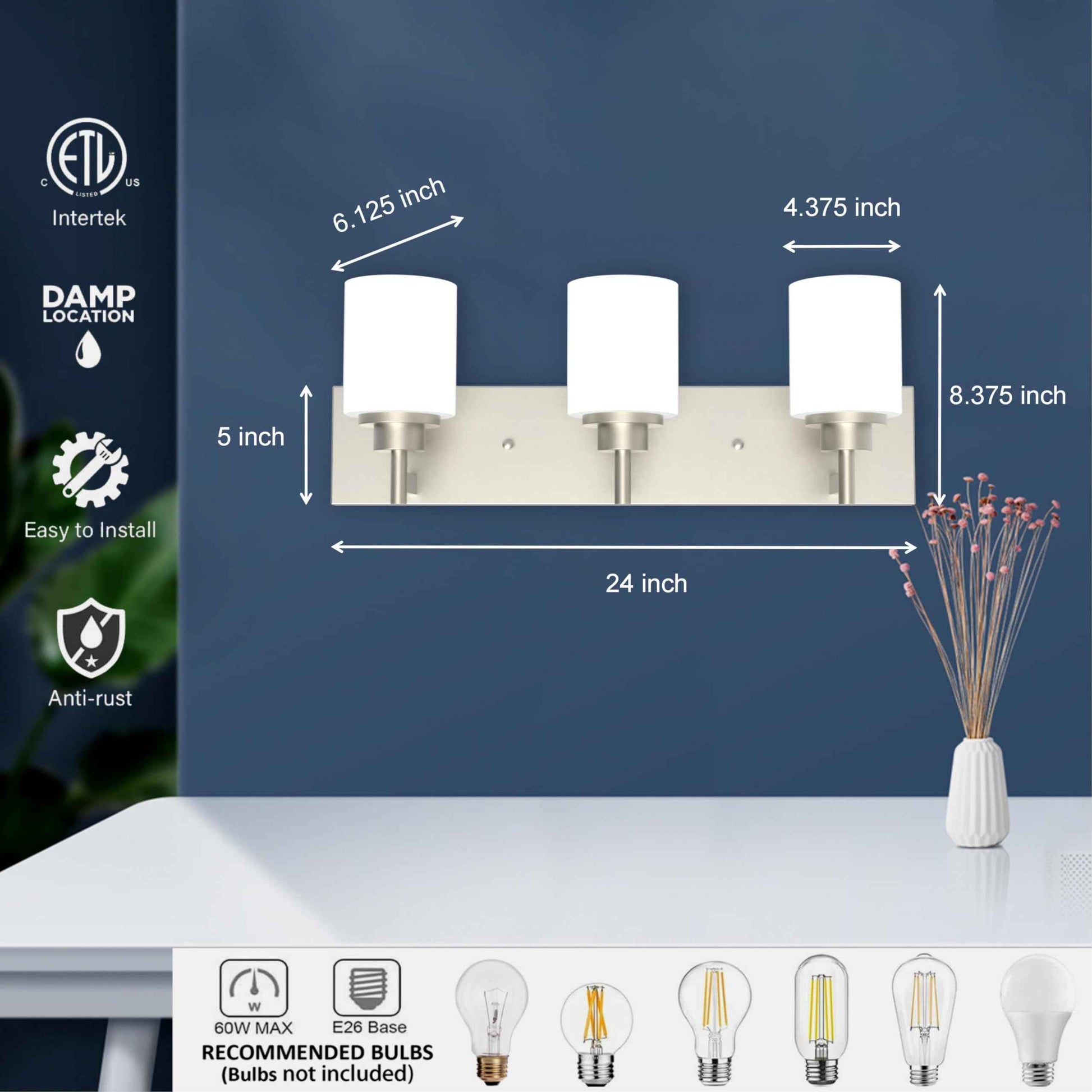 landskylite Bathroom Vanity Light Fixture, Brushed Nickel，24" 3 Lights，Offset Mount, Modern Wall Sconce，White Glass & Large Backplate - Farmhouse Lighting for Bathroom, Living Room, Hallway, Bedroom