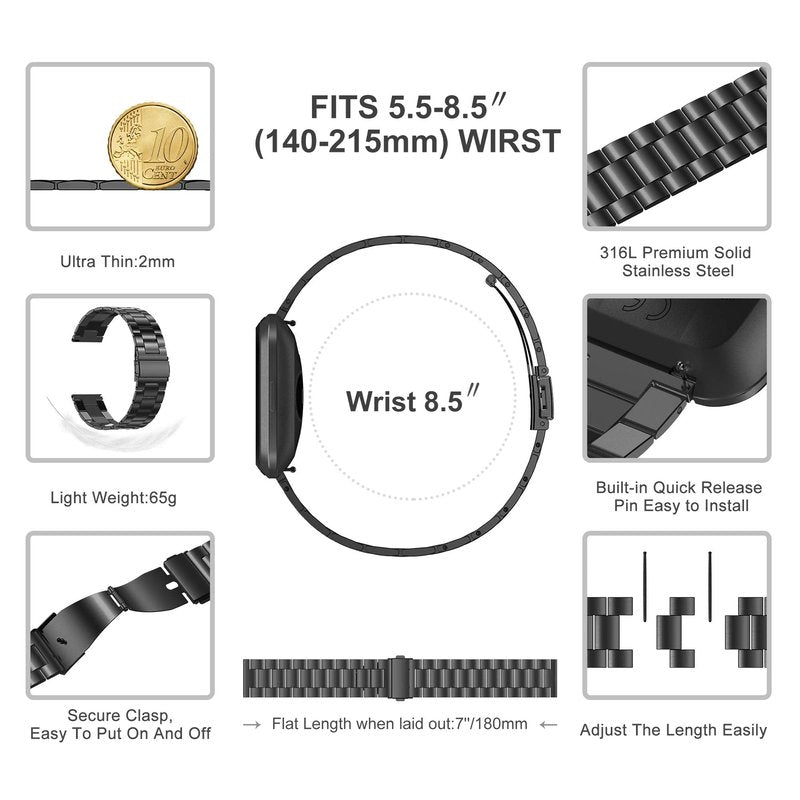 Wearlizer Stainless Steel Band Compatible for Fitbit Versa/Versa 2/Versa Lite Bands Women Men,Ultra-Thin Lightweight Replacement Band Strap Bracelet Compatible for Fitbit Versa Black