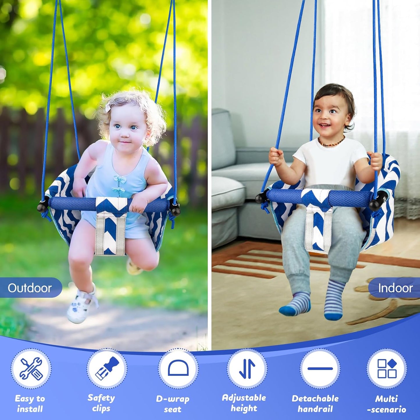 Skiennix Toddler Swing - Comfy Indoor/Outdoor Baby Swing Seat with Safety Harness | Easy Installation (Blue)