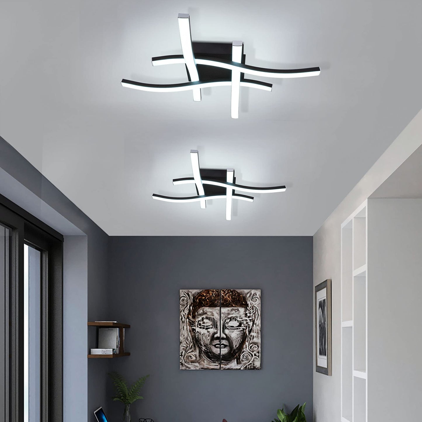 EDISLIVE Modern Dimmable LED Ceiling Light Curved 4-Light 18 in Minimalist Flush Mount Ceiling Light Fixture Lamp for Bedroom Foyer Kitchen 6000K 24W Black