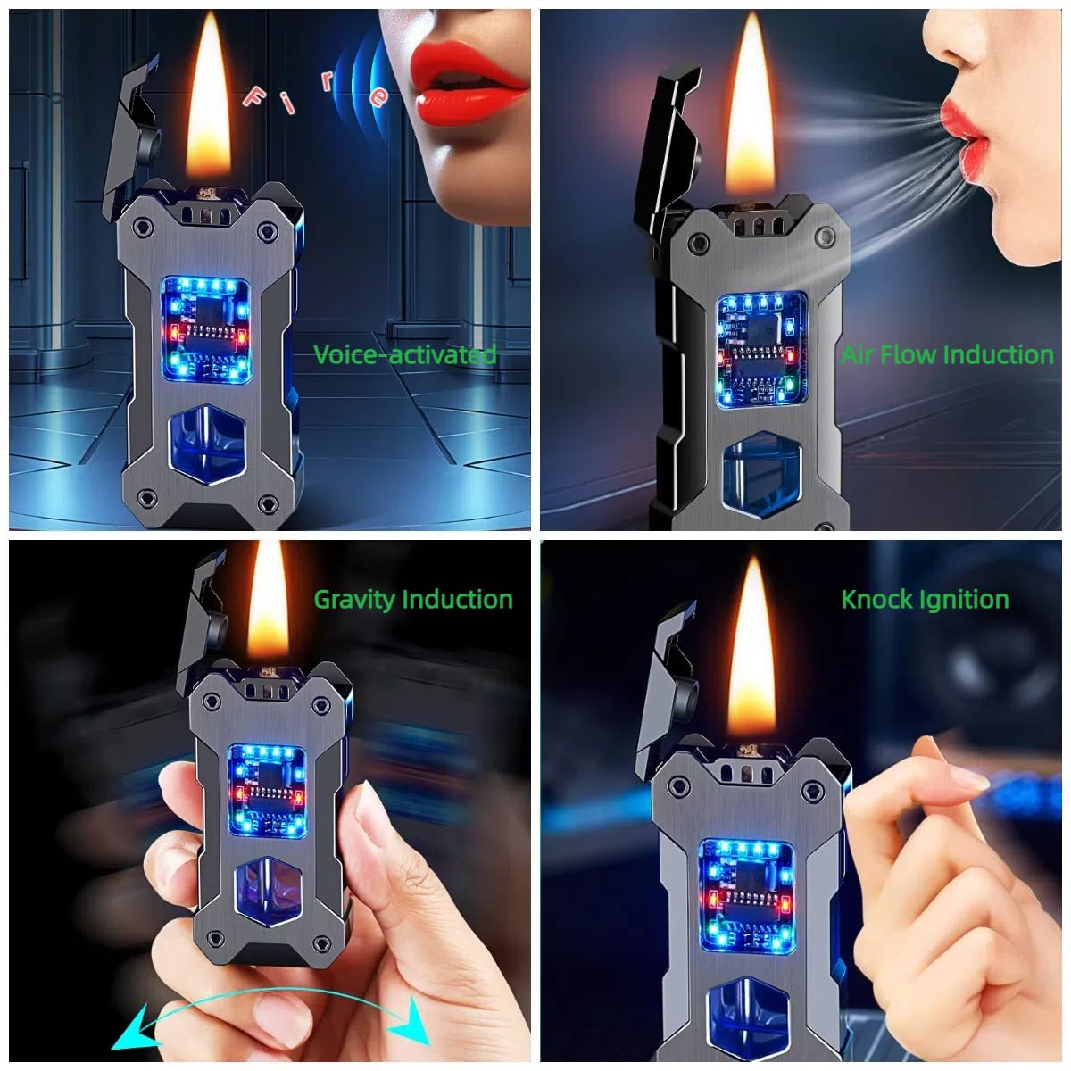 NINSI Smart Kerosene Lighter 4-Ignition Methods, Voice Activated Soft Flame Lighter, Metal Mecha Style Refillable Lighters with Cool Colorful Breathing Light (Ice Black, No Fuel)