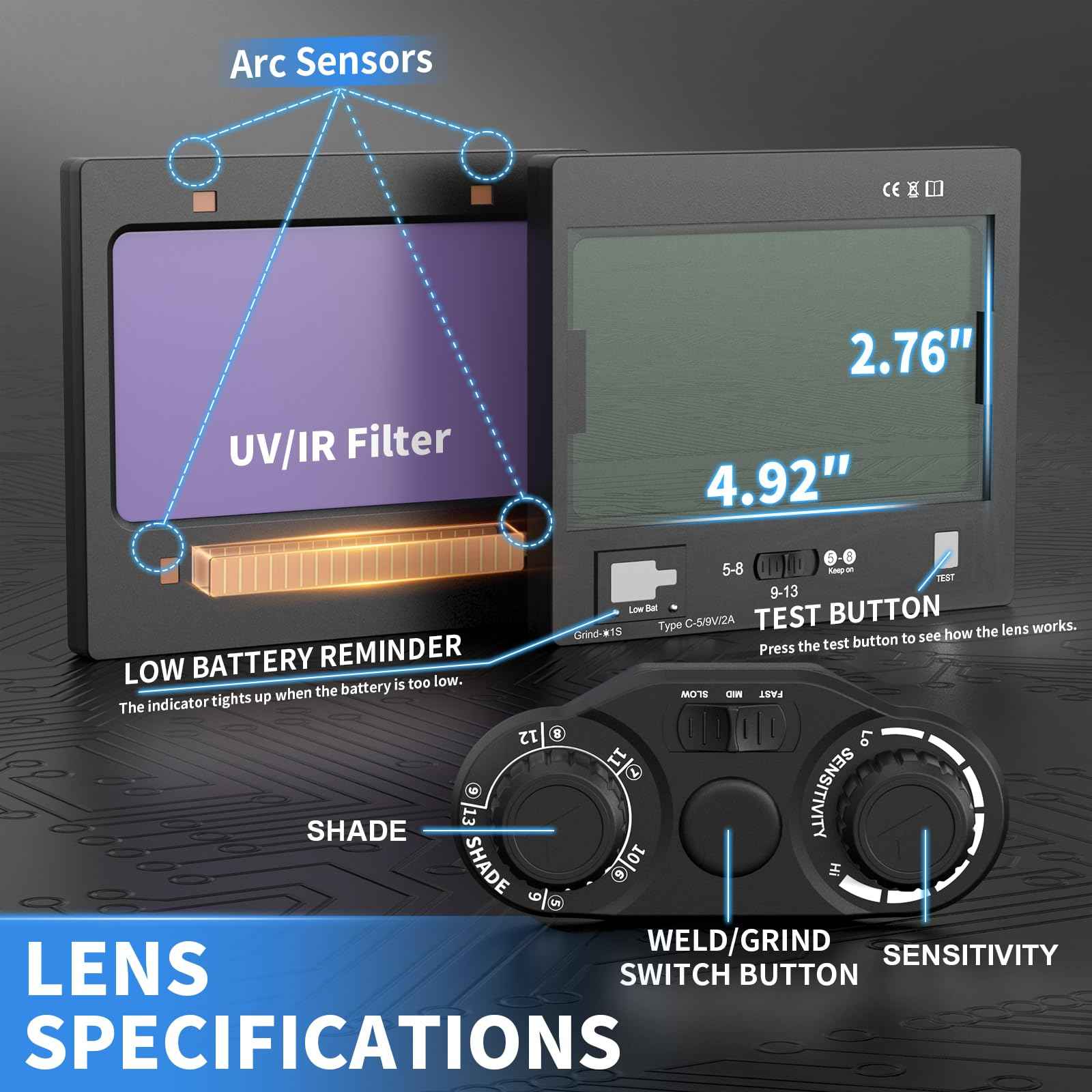 AZZUNO Auto Darkening Welding Helmet, 4.92"×2.76" True Color Large Viewing, Rechargeable & Solar Powered Welding Hood Mask with Unique Wide Shade Adjusting for TIG/MIG/Stick Weld/Cut/Grind