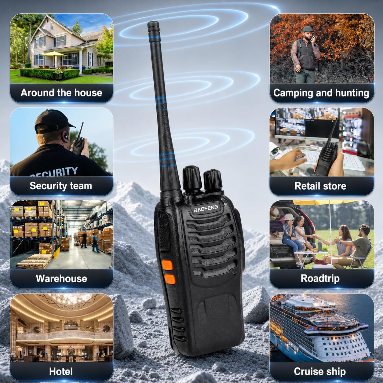Baofeng Two Way Radios Long Range Walkie Talkies for Adults,16 Channel Handheld 2 Way Radio Rechargeable with Flashlight Li-ion Battery and Charger, 6 Pack