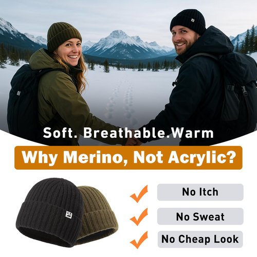 DryKnit PolarWool Waterproof 100% Merino Wool Winter Hat Men Women Polartec Fleece Lined Thermal Knit Watch Cap Cuffed Beanie Outdoor Ski Hiking Cold Weather Black XL/XXL Oversized for Large Heads