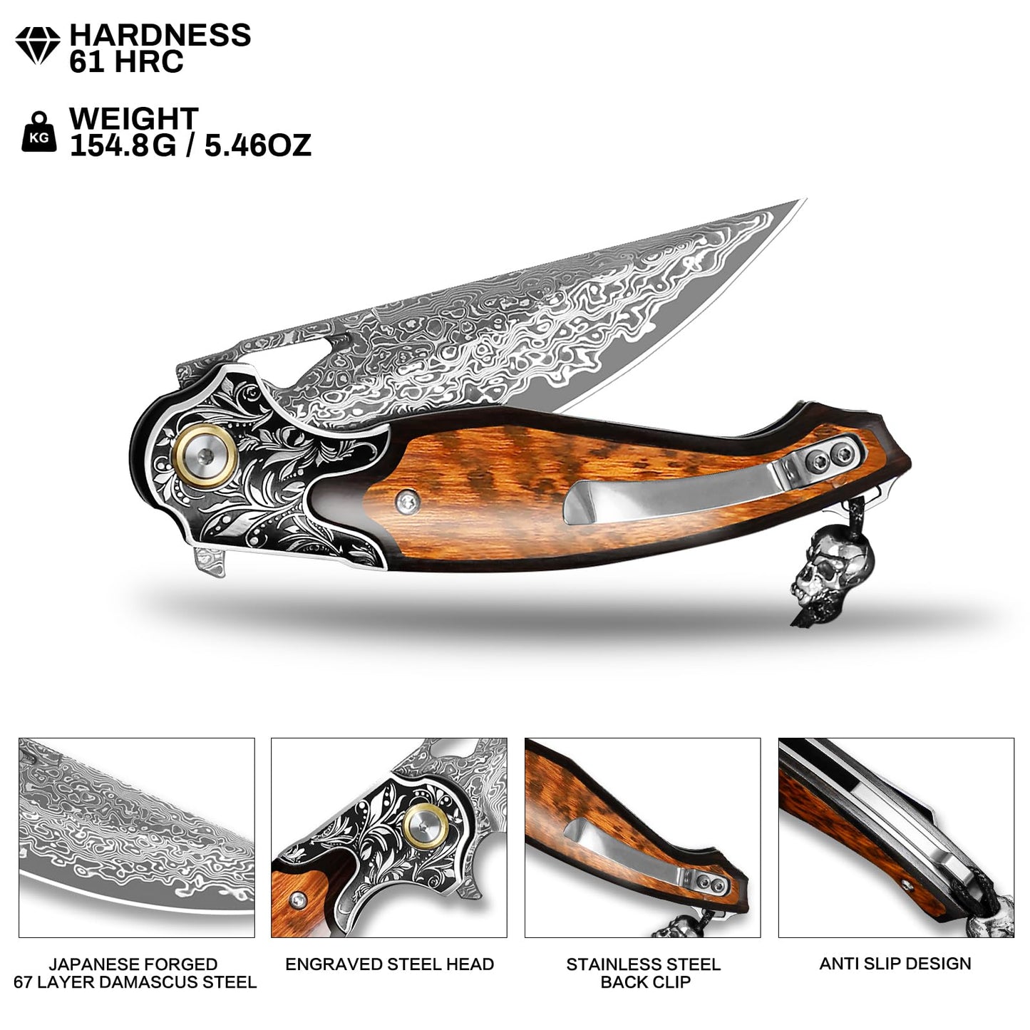 Handmade Men's and Women's EDC Pocket Knife，Damascus Steel Folding Knife，Features a leather sheath and pocket clip.Non-slip wooden handle，For mountaineering trips, outdoor adventures, and jungle camping