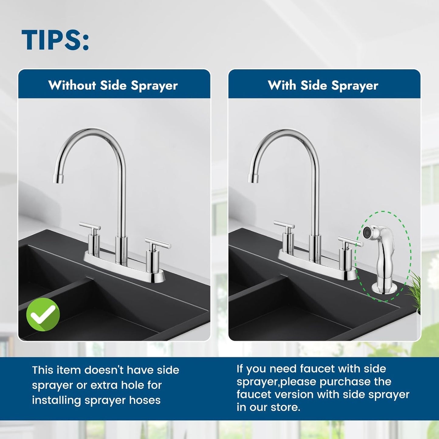 Brushed Nickel Kitchen Faucet with 360° Rotating Spout & Side Sprayer - 2 Handle, 8 Inch Centerset