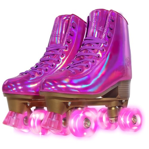 JajaHoho Roller Skates for Women, Magenta Holographic High Top PU Leather Rollerskates, Double-Row Four Hot Pink Fushcia Wheels Quad Skates for Girls Age 8-50 Indoor Outdoor (Plum, Size 7)
