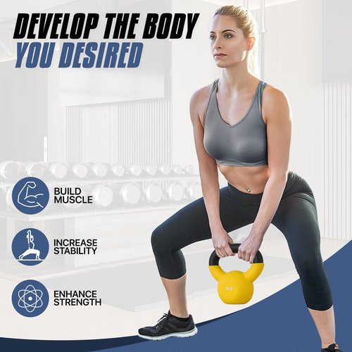 MADOG 10/15/20 LB Kettlebells Neoprene Coated, Solid Cast Iron Kettlebell, Strength Training Kettlebells, Hand Weights for Full Body Workout, Grip and Strength Training for Home Gym, Yellow
