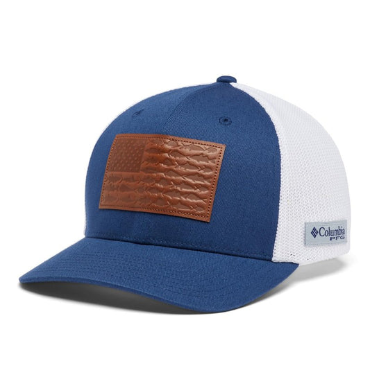 Columbia Unisex PFG Leather Fish Flag Mesh Ball Cap, Carbon/White, S/M