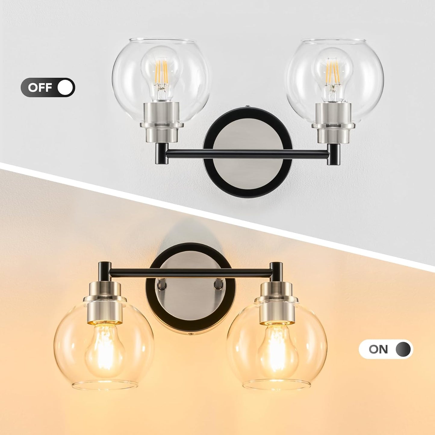 3-Light Vanity Bathroom Light Fixture with Globe Glass Shades - Brushed Nickel, ETL Certified
