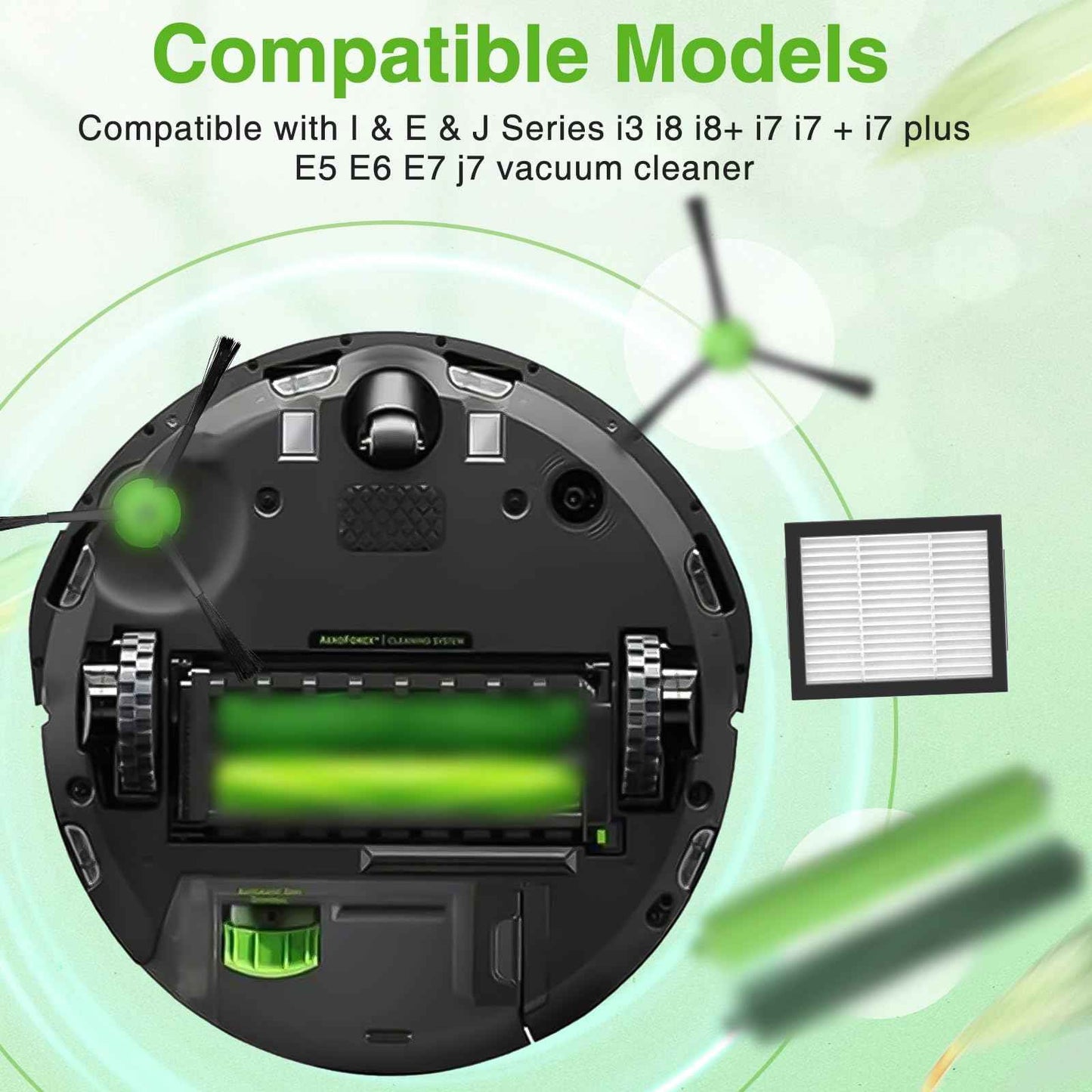 Replacement Parts for iRobot E, I & J Series, Combo i5, j5 Robot Vacuum Accessories Kit Include: 2 Set of Multi-Surface Rubber Brushes + 8 HEPA Filters + 8 Edge-Sweeping Brushes