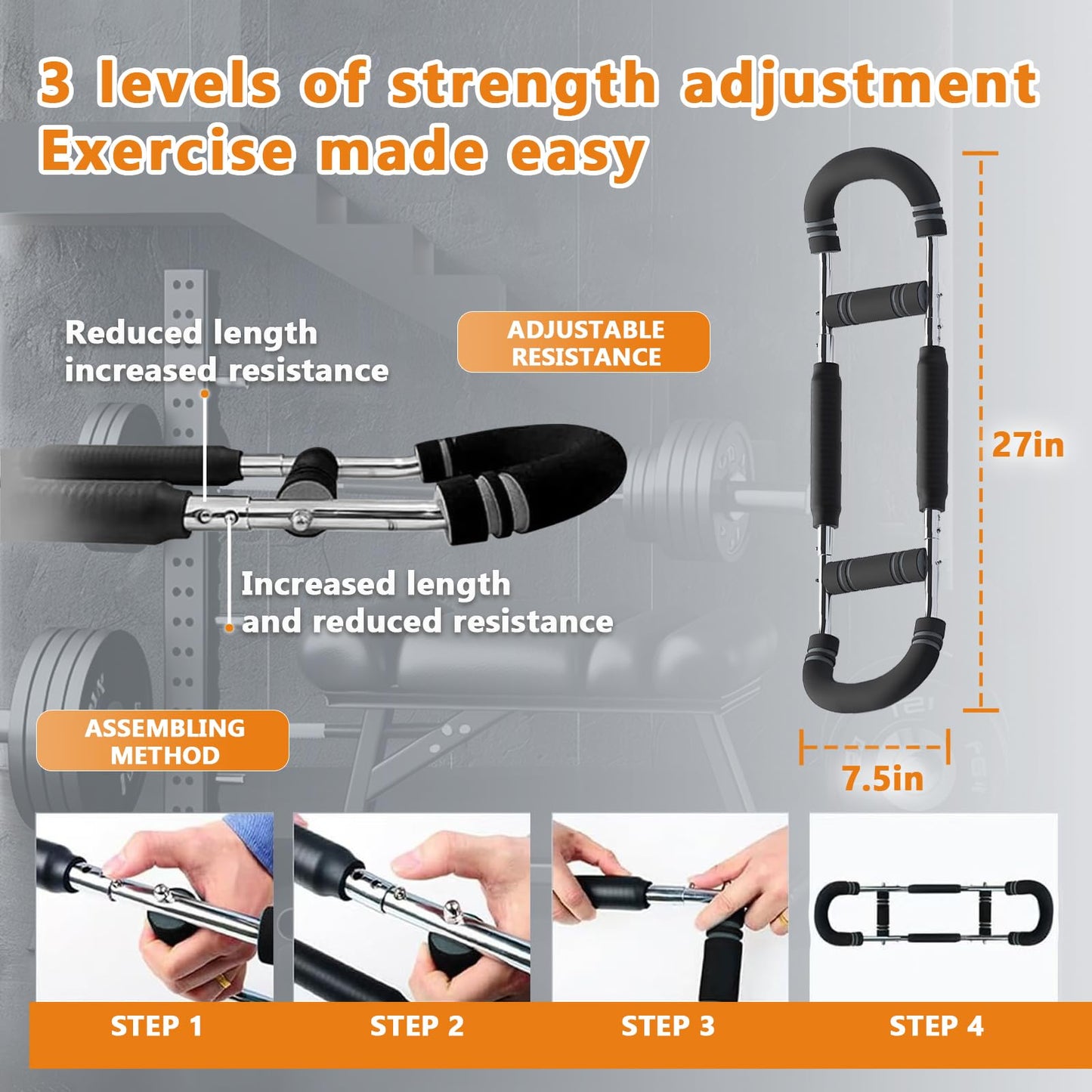 Adjustable Twister Arm Trainer - 30-50kg (60-110lbs) Resistance, Portable Power Bar for Chest, Arms, Back & Full Body Workout - Home Gym, Travel, Outdoor Strength Training Equipment (Gray)
