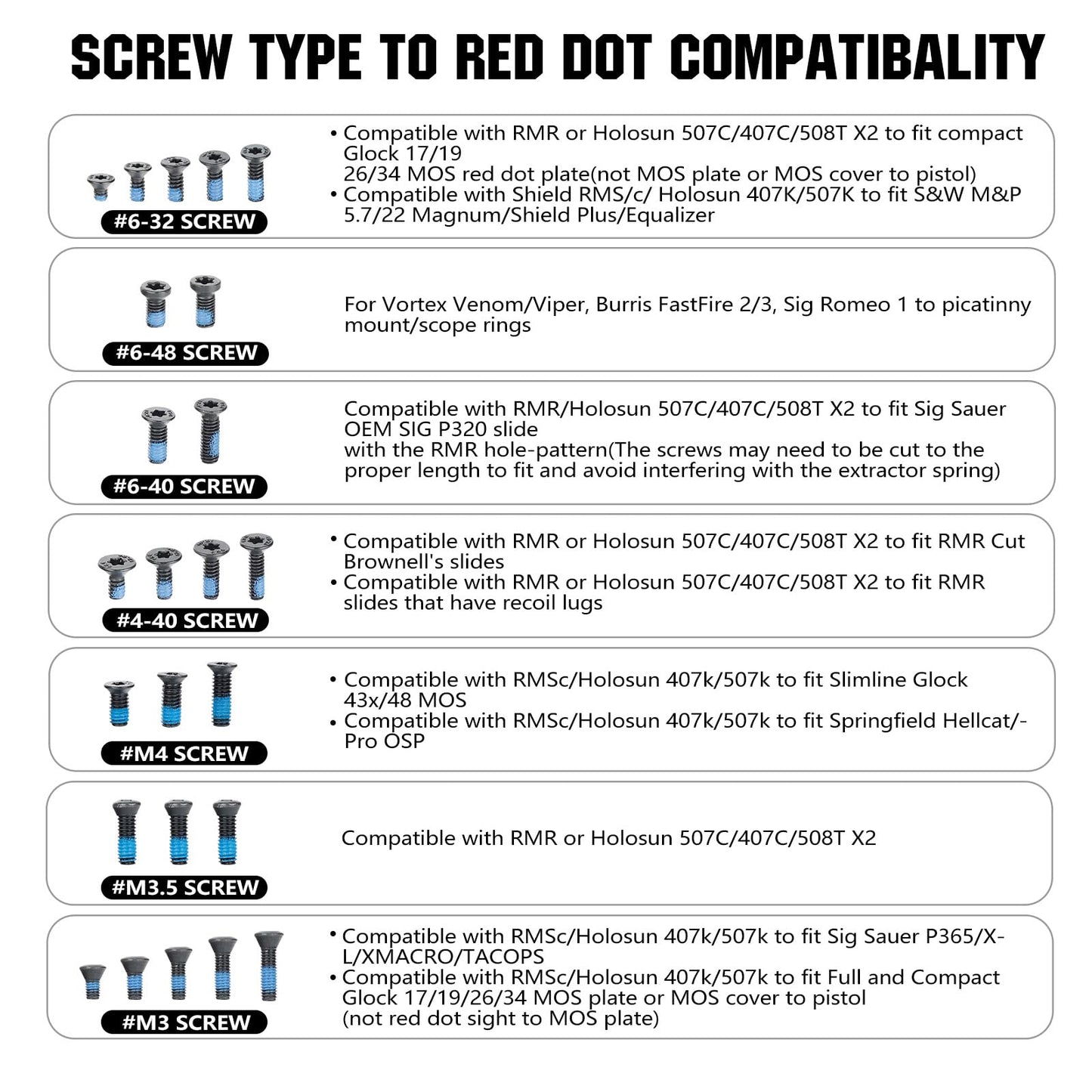 ohhunt Screw Set 68 Pcs for Red Dot Sight Optics and Mount Includes #6-48#4-40#6-32#6-40 M3 M3.5 and M4 Screw Types 7 Sets of Screws 4 in Each Set