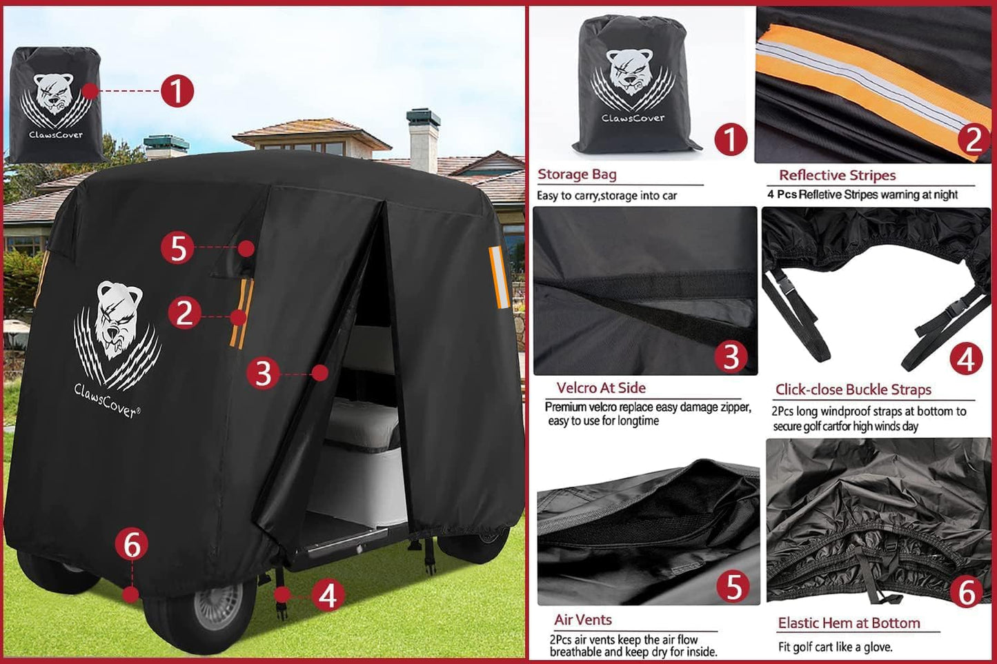 Golf Cart Cover 4 Passenger,Waterproof Outdoor 2+2 Golf Cart Covers Extended Roof,Universal Fits for Club Car Precedent EZGO Evolution Yamaha Kandi Onward Denago, UV-Resistant All Weather Protection