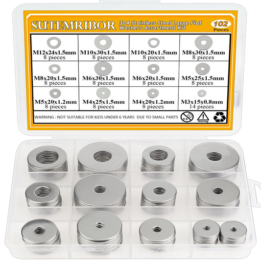 Sutemribor 102 Pieces Stainless Steel Fender Washers, Flat Washers, Metal Washers for Screws Bolts, Fender Washers Assortment Kit, Assorted Washers Set (M3 M4 M5 M6 M8 M10 M12)