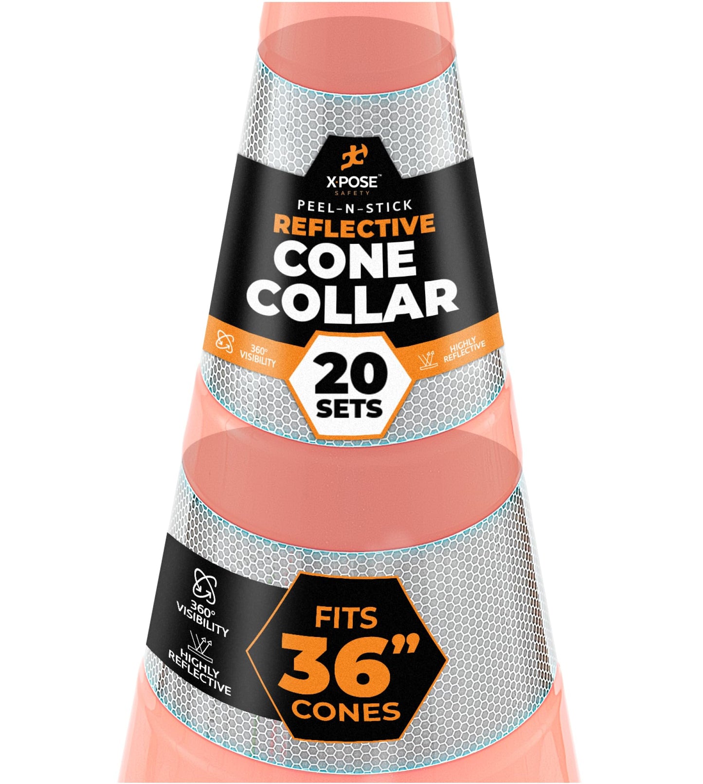 White+Hip Reflector Tape Cone Collar Set for Orange Traffic Cones - 20 Pack - 4 Inch and 6 Inch Collars for Wide Body Safety Cones 36 Inch Height – High Visibility Reflective Tape Stickers
