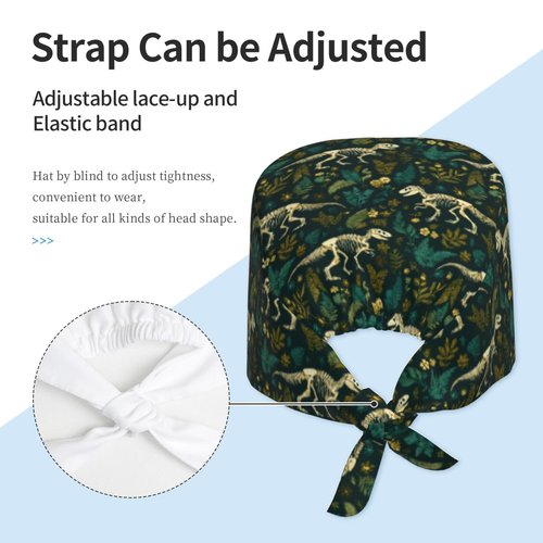 Dinosaur Skeletons Working Cap, Scrub Cap with Sweatband, Adjustable Tie Back Hat Breathable Headgear for Women/Men