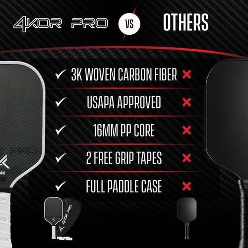 4KOR PRO Edition Carbon Fiber Pickleball Paddle – USAPA Approved 16mm Elongated Paddle – Lightweight Composite Professional Pickleball Racket for Adults with Replacement Grip Tape and Storage Case