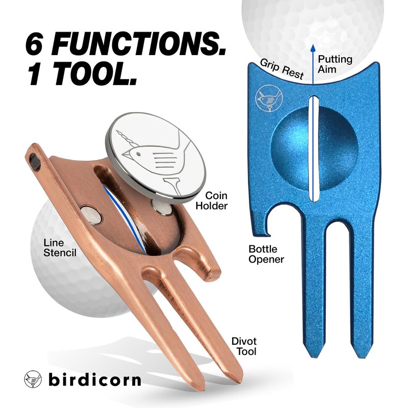 Birdicorn 6-in-1 Heavy Edition Divot Tool with Ball Marker & Coin Holder – Ball Liner, Bottle Opener, Putting Aid, Grip Rest – Metal Golf Tool