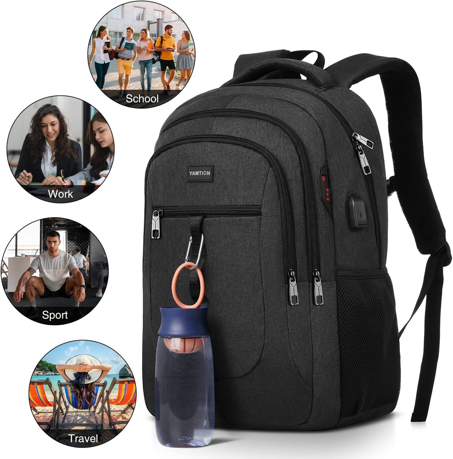 YAMTION Black Backpack - Versatile Laptop Bag with USB Port for School, Work & Travel
