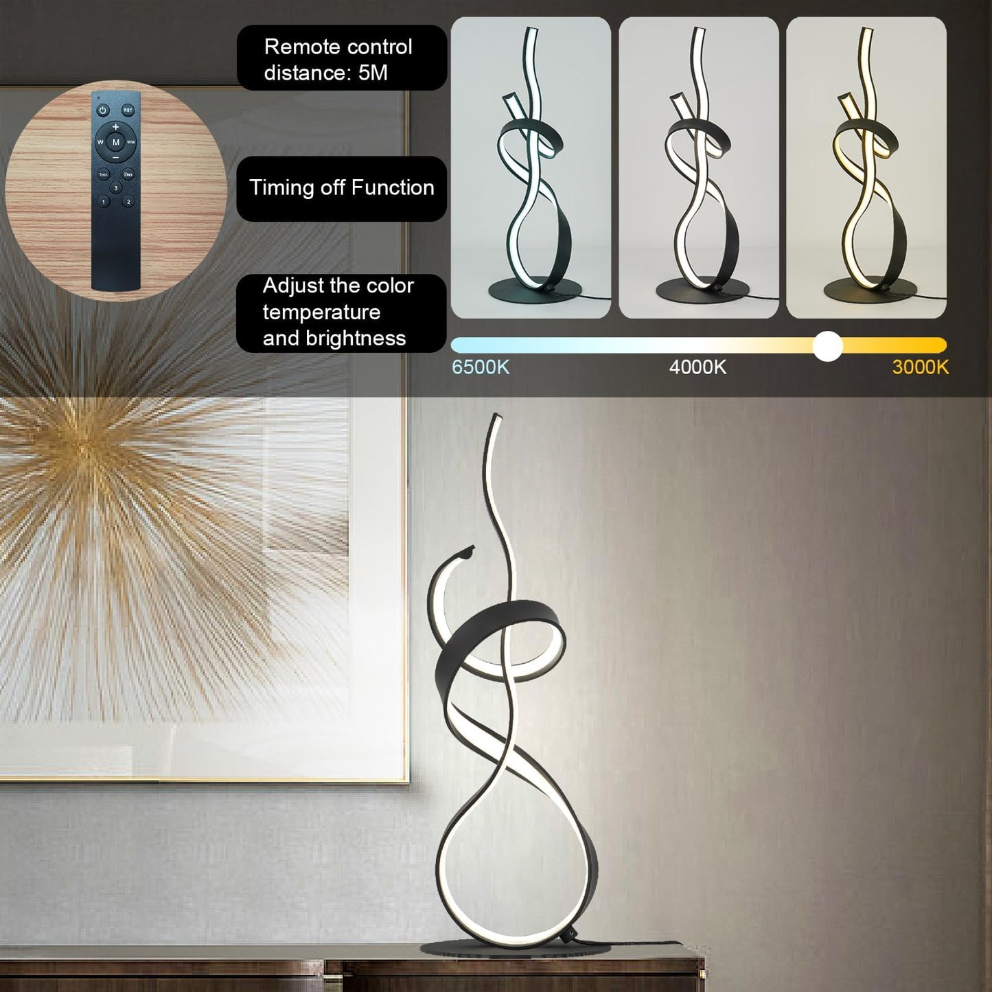 AooLiWang 22inch 24W 2700LM Modern Design 3CCT 2700K/4000K/6500K Stepless Touch Dimmable with Remote Control Art LED Table Lamps for Bedroom Bedside Living Room Villa Gift Idea (Black)