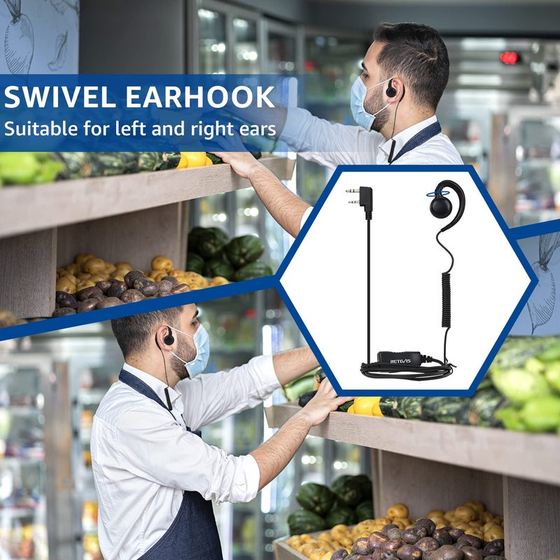 Retevis Swivel Walkie Talkie Earpiece with Mic, Coil Tube, C-Shape Earhook, for RT22 RT68 RT21 H-777 H-777H, Compatible with Baofeng BF-888S Kenwood Pxton 2 Way Radio, Two Way Radio Earpiece(10 Pack)