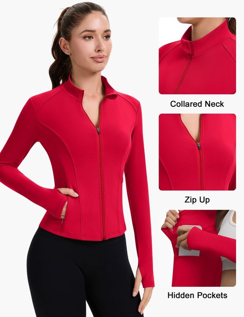 ZHENWEI Yoga Outfits for Women Zip Up Lightweight Cropped Jackets Athletic Long Sleeve Tight Running Clothes (Red, L)
