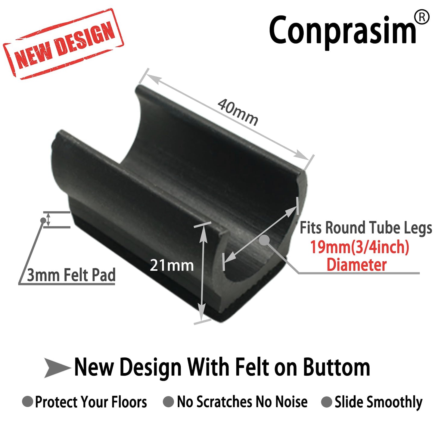 Rectangle U Shaped Chair Leg Tips Caps with Felt Pads,Furniture Feet Protectors Slide Smoothly Glides No Scratches No Noise Protect Hardwood Floors, Fit 19mm(3/4inch) Diameter Tubular Leg (Black 8PCS)