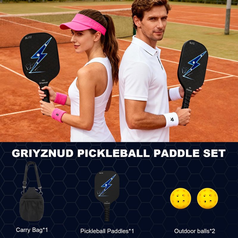 Griyznud Pickleball Paddles Set of 1 or 2, Fiberglass Rackets, Lightweight Pickle Ball Rackets, with Outdoor Bag, Indoor Balls, for Beginners, Family, Professional Equipment