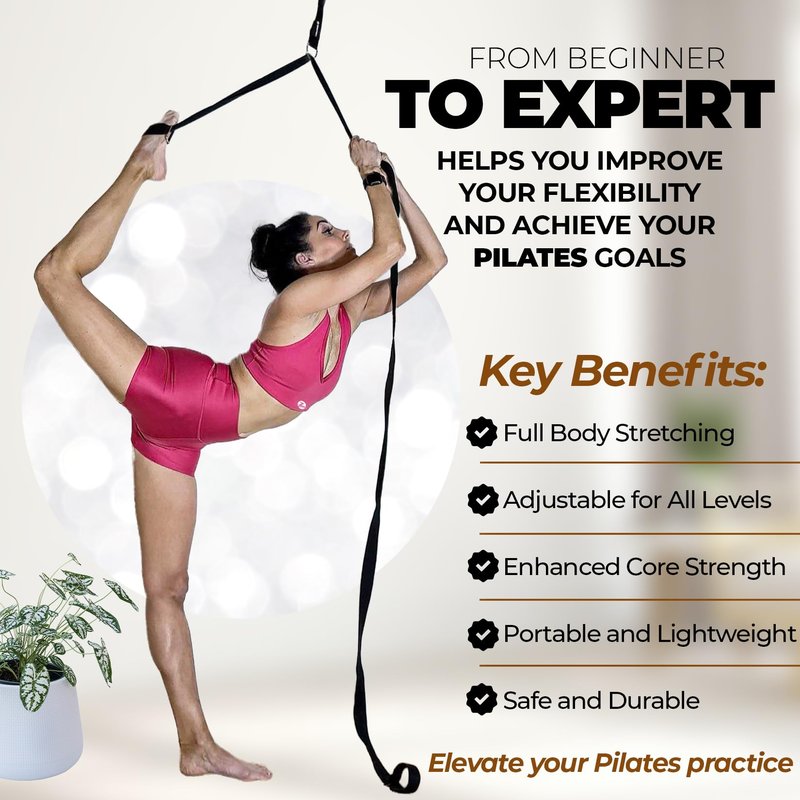 Pilates Stretching Strap with Door Anchor - Flexibility Equipment for Pilates Practitioners - Ideal for Improving Leg Flexibility, Core Stability, and Posture Alignment at Home (Black)