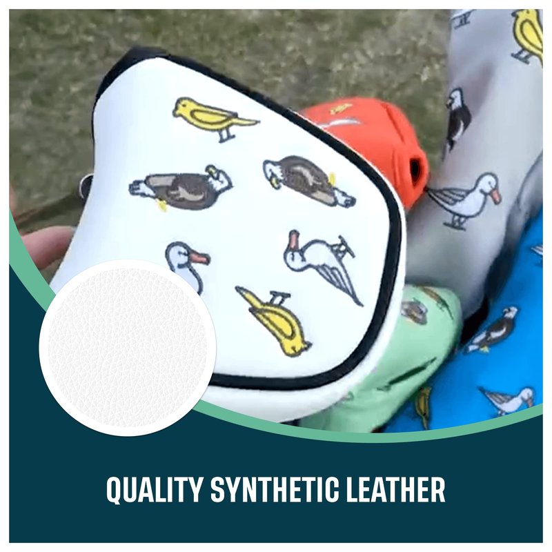 e9 golf Fore the Birds Round Mallet Putter Cover - Synthetic Leather Golf Mallet Putter Headcover - Men & Women Golf Mallet Putter Covers Accessories - Universal Fit Putter Cover - (White)