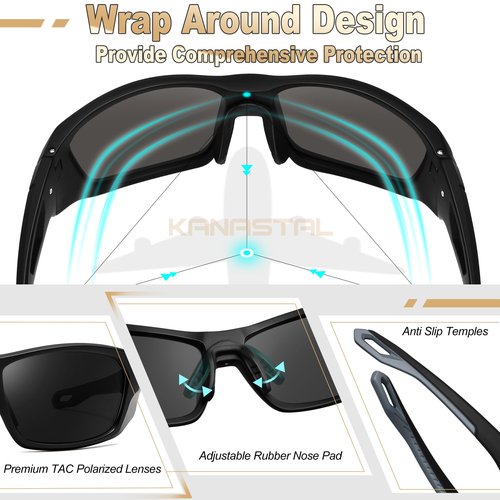 KANASTAL Wrap Around Polarized Sunglasses Men Women UV400 Sports Sun Glasses Fashion Square Sun Shades Black
