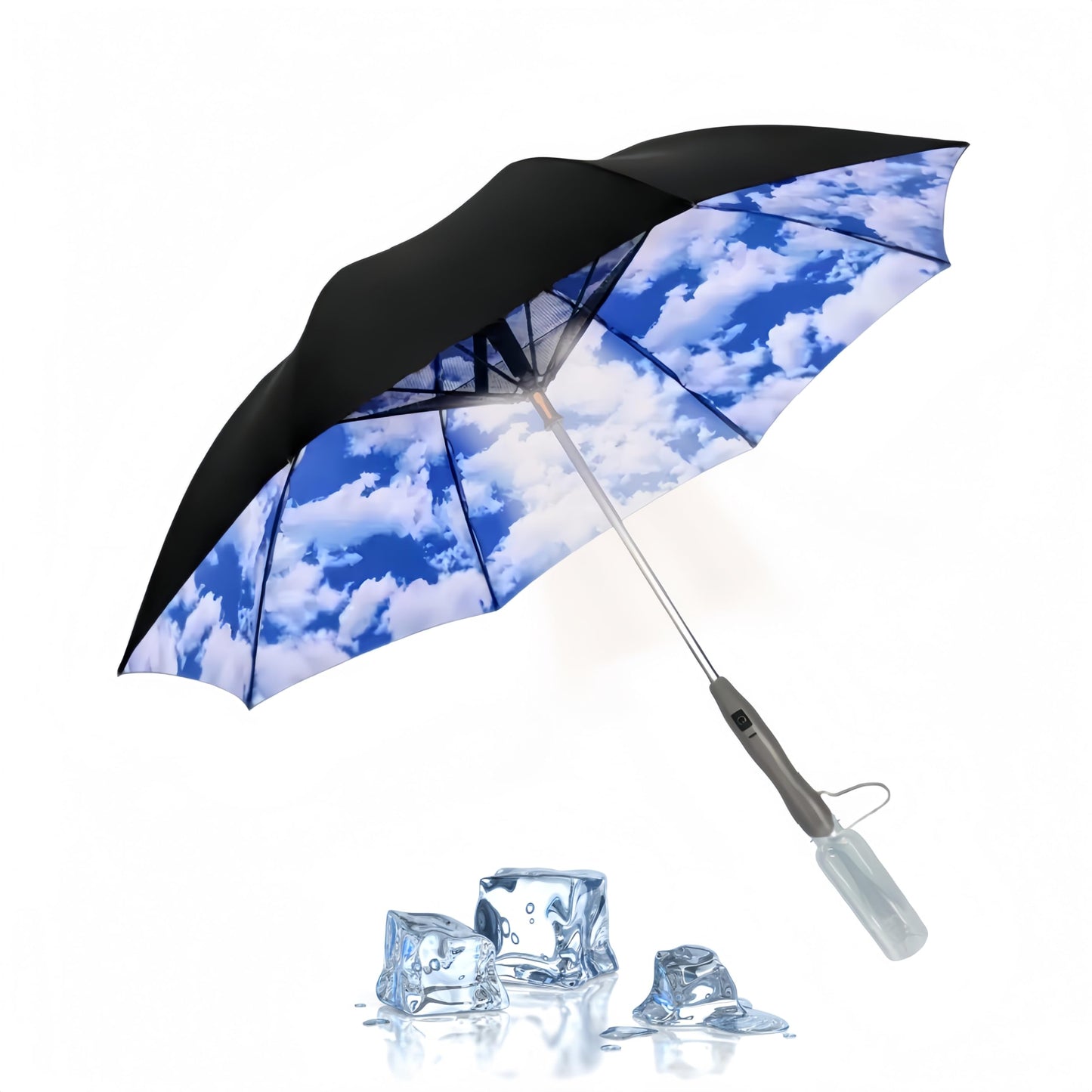 3 in 1 Sun Umbrella with Fan Misting, Uv Blocking 50+ Portable Fan Cooling Umbrella for Fishing, Golfing, Outdoor Beach, USB Rechargeable, Comes with Water Bottle Attach for the Mister