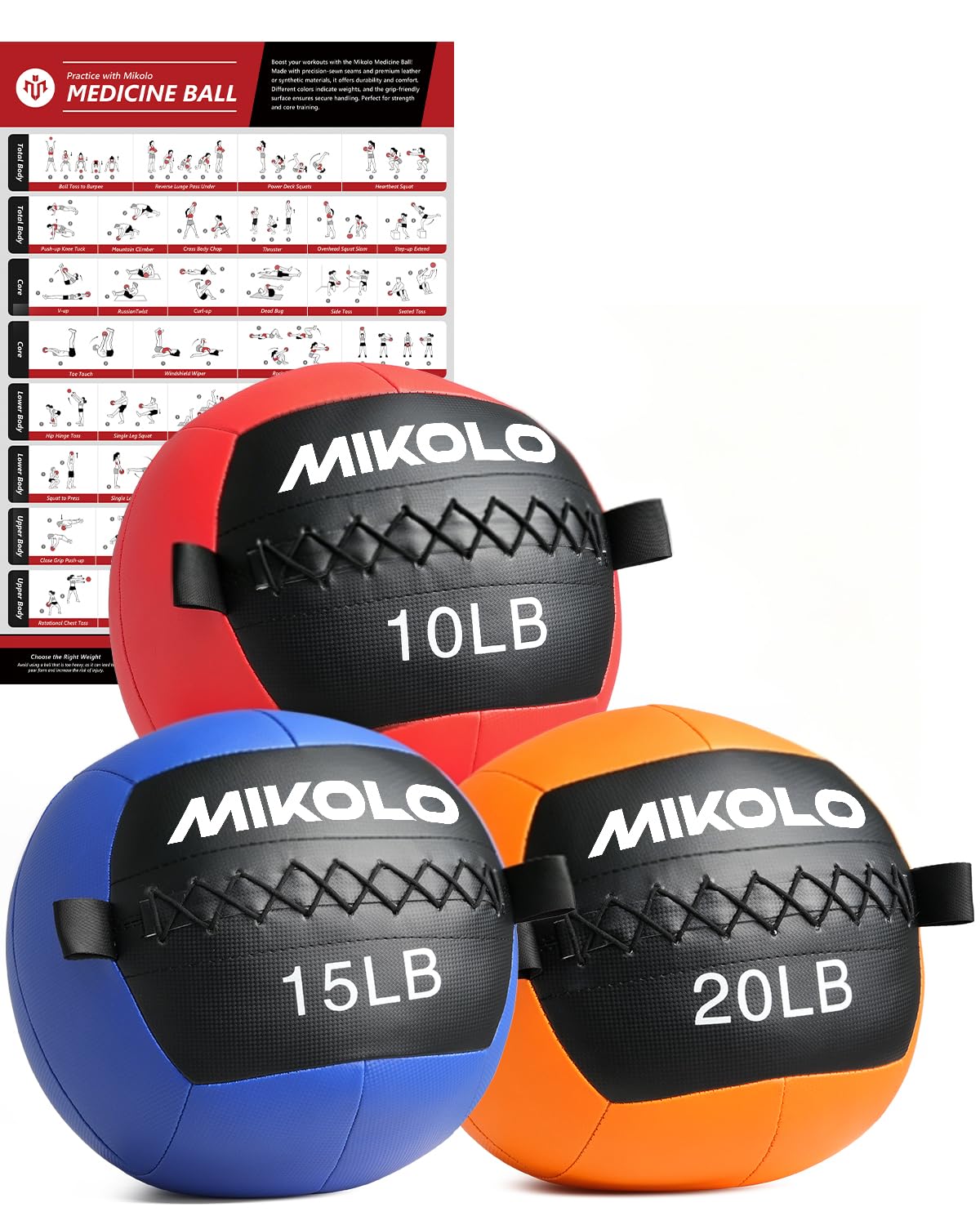 Mikolo Medicine Ball, Wall Ball,Soft Medicine Ball Set,Slam Ball for Core Training, Strength Workouts -Multi-Weight 10lbs 20lbs Exercise Balls for Home Gym, Functional Fitness (10/15/20/25LB)