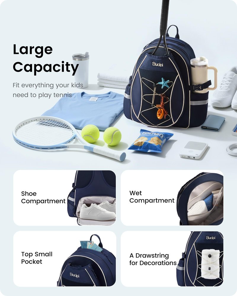 Sucipi Kids Tennis Bag, Professional Youth Tennis Bag Backpack Tennis Racket Bags Suitable for Girls Boys Junior, Navy Bule