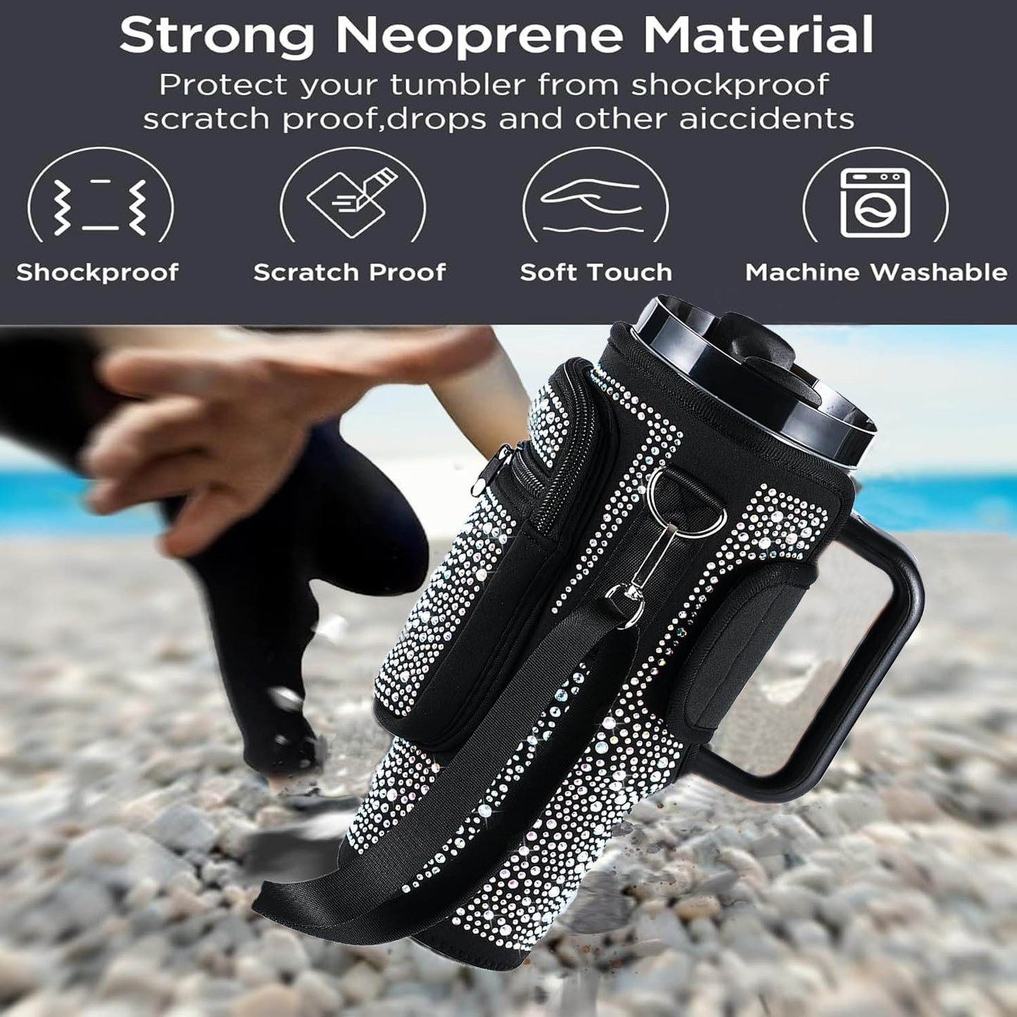 Bling Water Bottle Holder with Adjustable Strap & Straw Cover for Stanley Cup 40 oz Tumbler with Handle, Water Bottle Carrier Bag with Phone Pocket & Carabiner for Stanley Cup Accessories (Black)