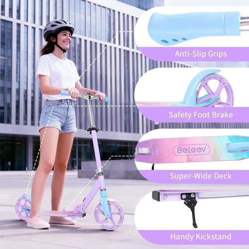 BELEEV V5 Plus Scooters for Kids Ages 6+, Teens with Light-Up Wheels & Deck, 2 Wheel Folding Lightweight Sport Scooter with 4 Adjustable Height, 8-inch Big Wheels, Carry Strap (Blue Purple)