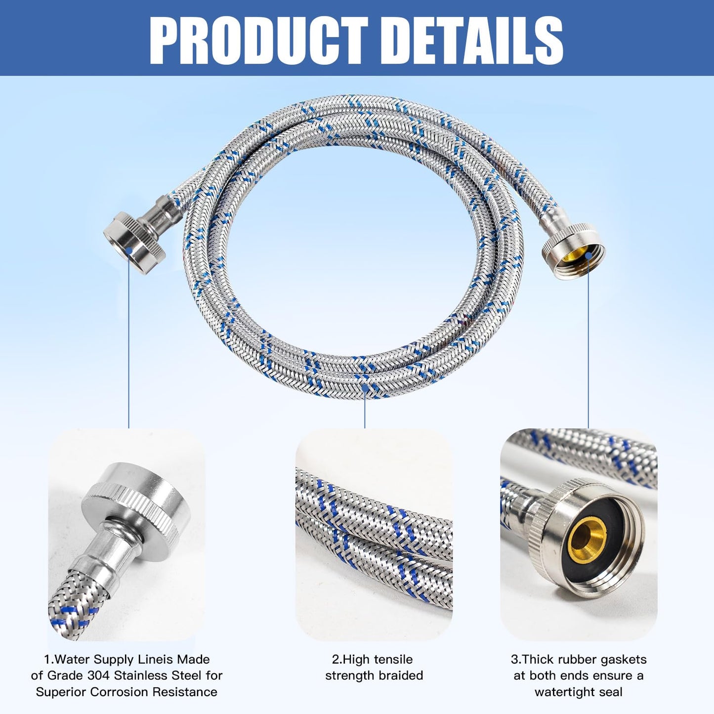 Jmlwlzx Washing Machine Hoses, Universal Premium Stainless Steel 4 Ft Washer Hoses with Burst-Proof Design, Hot and Cold Water Supply Hoses for All Washing Machines-2 Pack