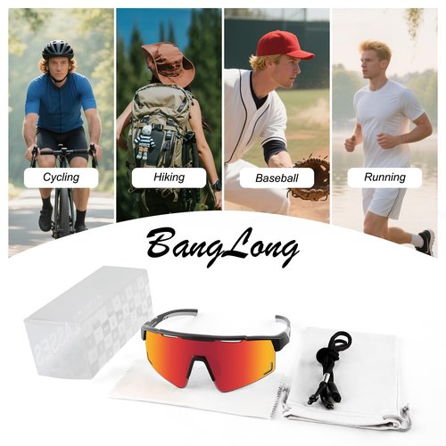 BangLong Sports Sunglasses for Men Women, Baseball Glasses UV400 Protection, Cycling Running Softball Glasses for Youth Adults (Black Red)
