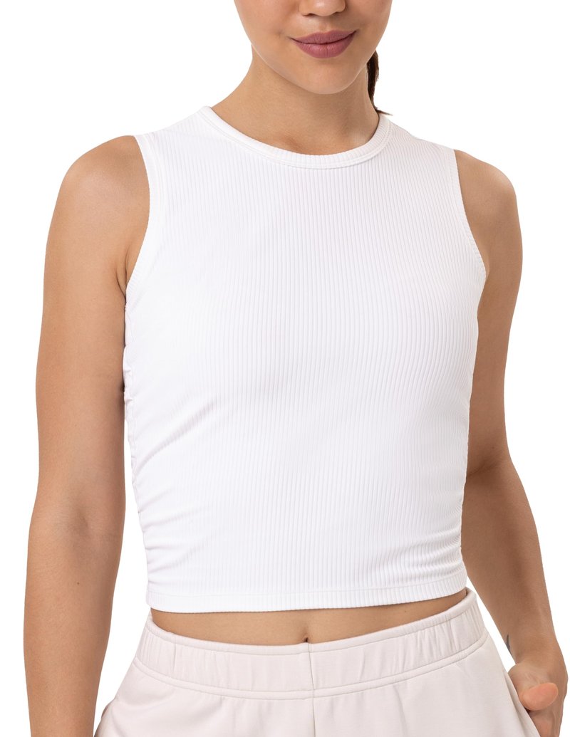 YUNOGA Workout Tank Tops for Women Sleeveless Ribbed Crop Tops Essentials Crew Neck Yoga Tanks Shirts (XS, White)